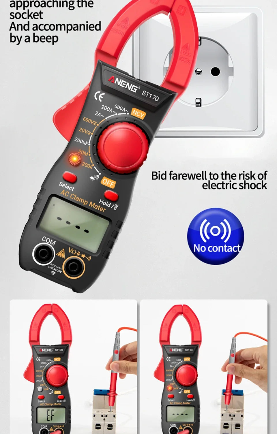 ANENG ST170 Clamp Meter Digital Multimeter Tester 500A AC Current AC/DC Voltage+B18 Highlight Voltage Tester Pen Electrician Set