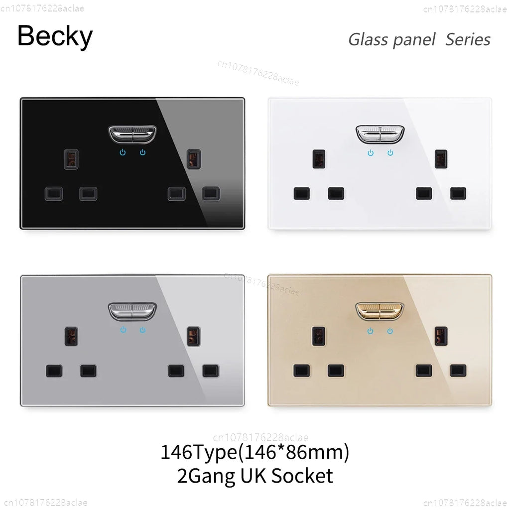 146 13a Reset Toggle Tempered Glass 2Gang UK Socket Switch Combination Panel Power Socket Office Hotel Home Villa Decoration