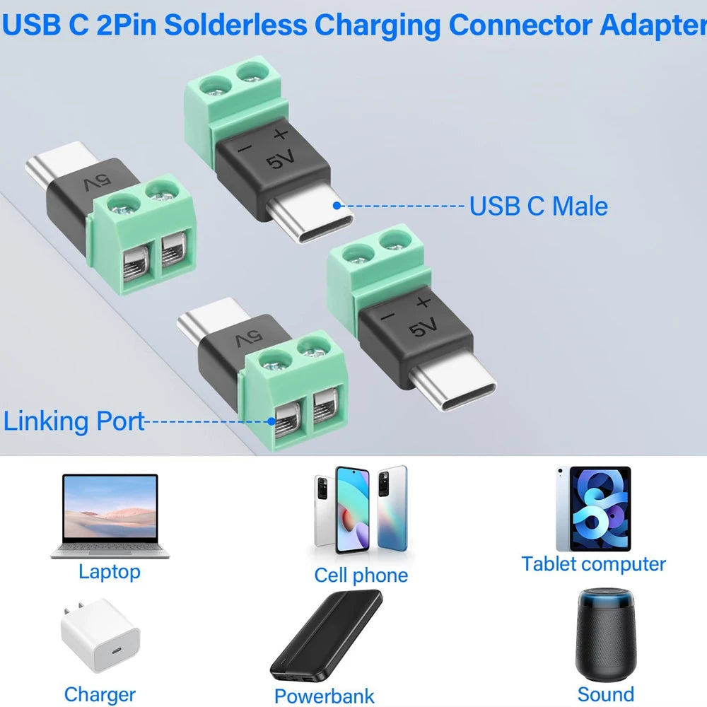 Solderless Plug USB C to 2Pin Terminal Adapter Screw Micro Type-C Male to 2 Pin Crimp Terminal Block 5V Charging Conversion