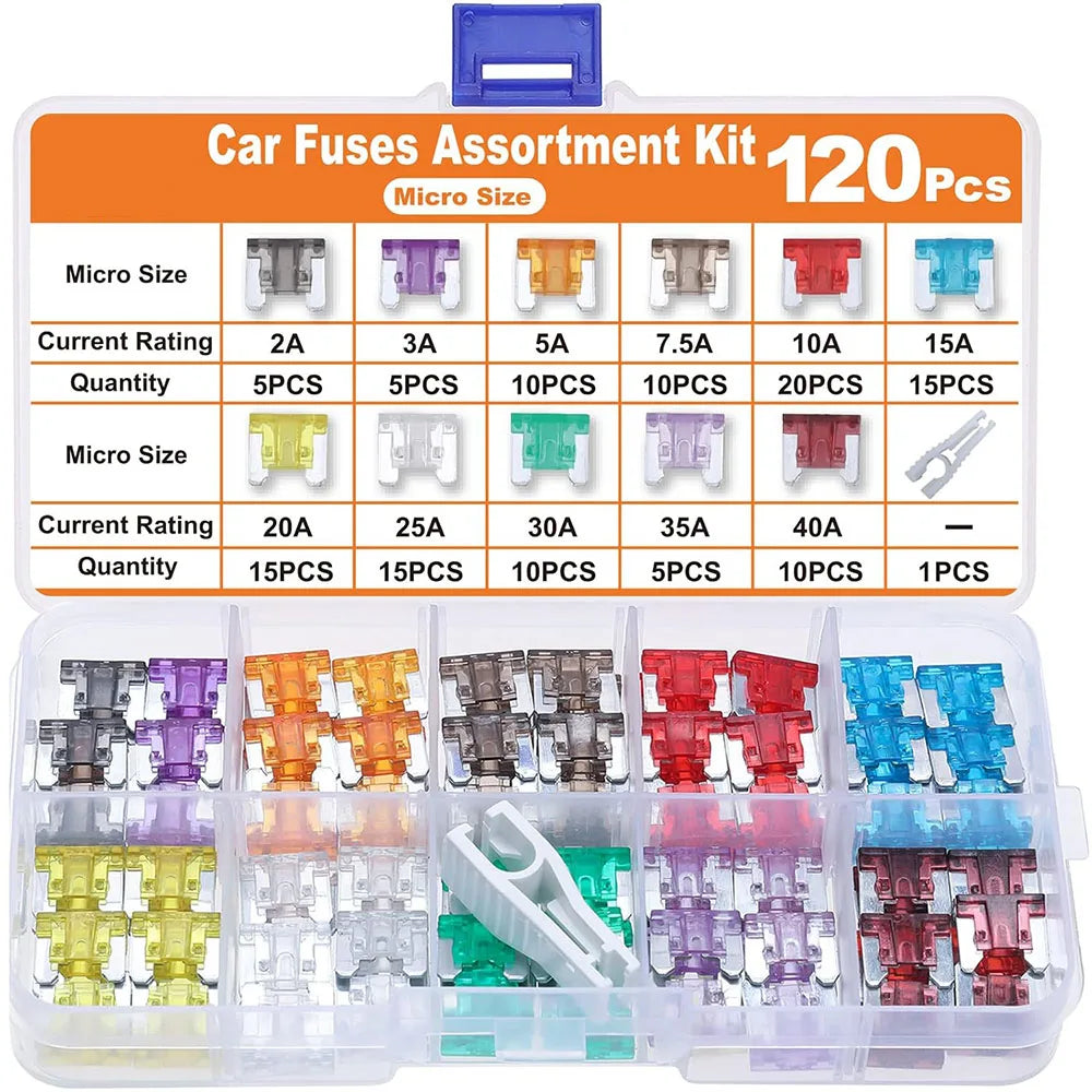 120 Micro Fuses, Thin Micro Fuse Kit, Car/RV/Truck/Motor Micro Fuse Combination Kit (2Amp -40A) +1 Car Fuse Puller