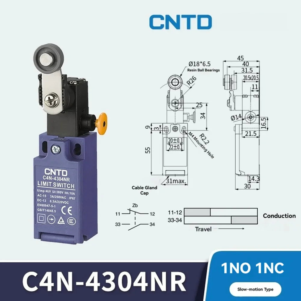 CNTD C4N‑NR Series vertical safety Micro Limit Switch IP65 Waterproof and dustproof Silver contact Safety Interlock C4N-4304NR
