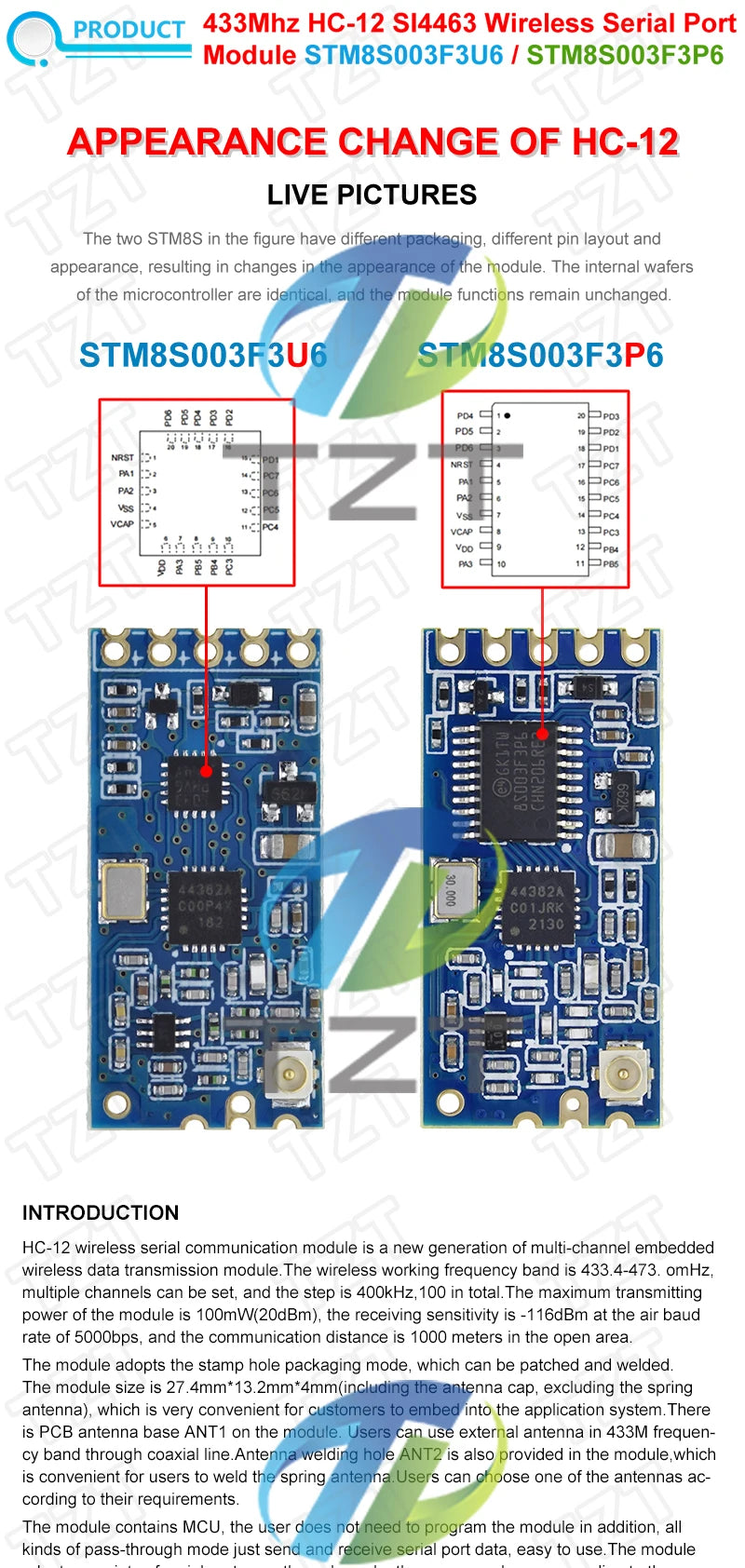 TZT 1/3PCS 433Mhz HC-12 SI4463/4438 Wireless Serial Port Module 1000m Replace Bluetooth NEW
