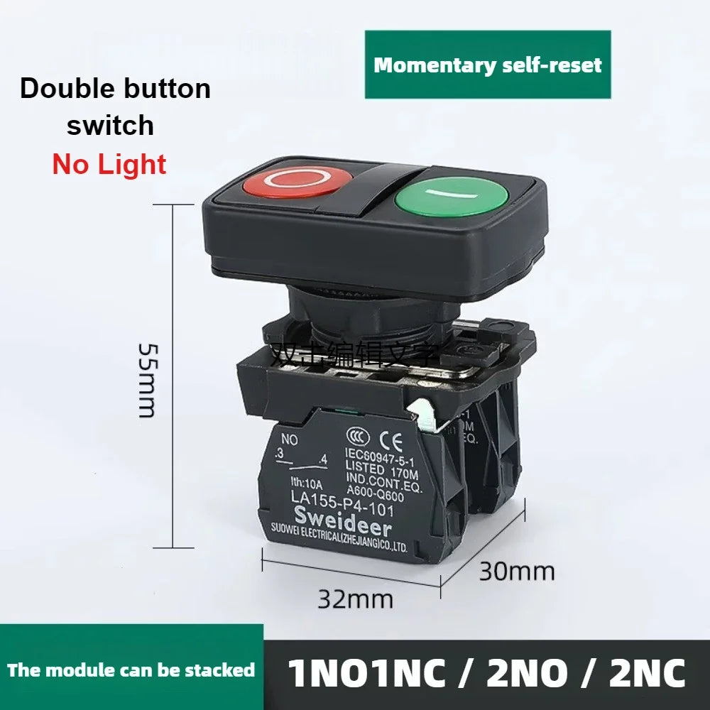 XB4 Double Button Switch with Light 22mm Emergency Stop Button Switch Momentary Self Reset Mushroom Power Push Button Switch 10A