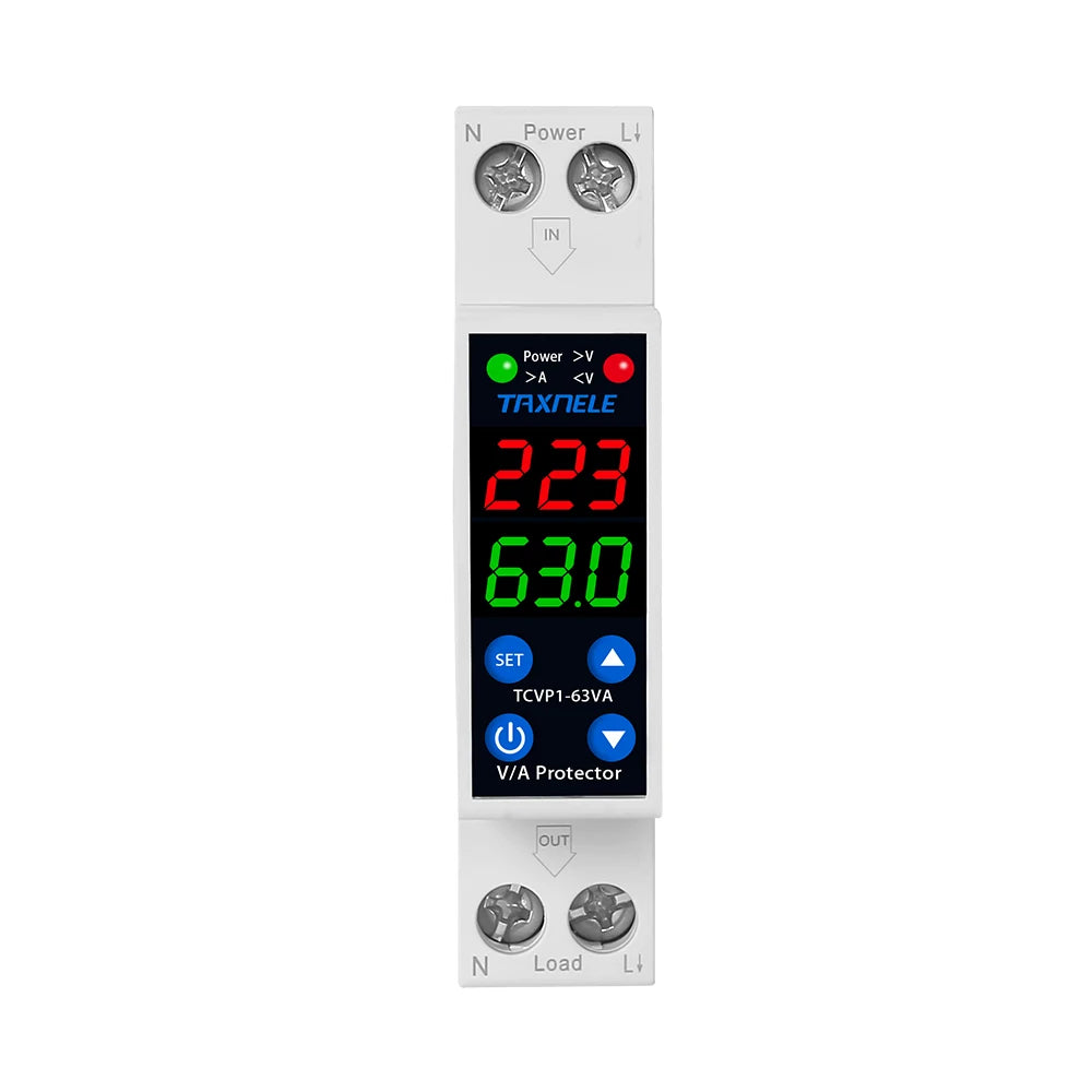 18MM 1P+N 63A 230V Dual Display Adjustable Digital Over Under Voltage Relay Surge Protector Limit Over Current Protection