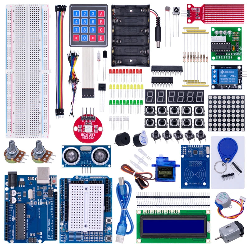 Complete Starter Kit for Arduino Uno R3, Includes Uno R3 Board, Breadboard, Motors, LCD, Sensors & Accessories