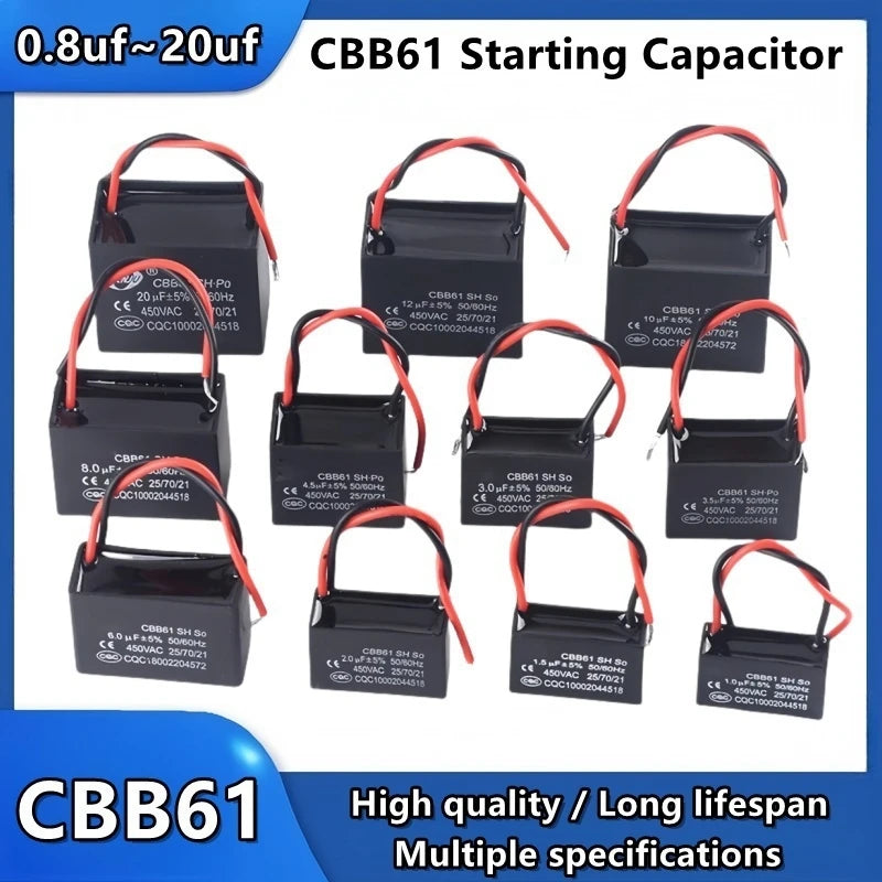 CBB61 450V Start Capacitor 1uf/1.5/1.8/2/2.5/3/4/5/6/7/8UF/10/12/15/18/20 UF Fan Ceiling Exhaust Motor Run Capacitor CBB