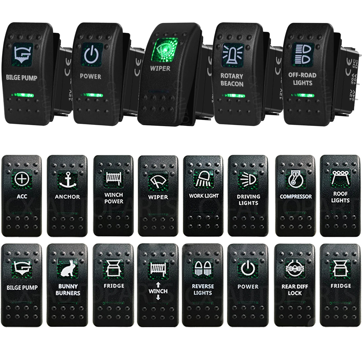12V/24V Marine Rocker Switch Green LED SPST ON-OFF & DPDT ON-OFF-ON Momentary Toggle for 4x4 Off-Road RZR ATV ARB Carling Style
