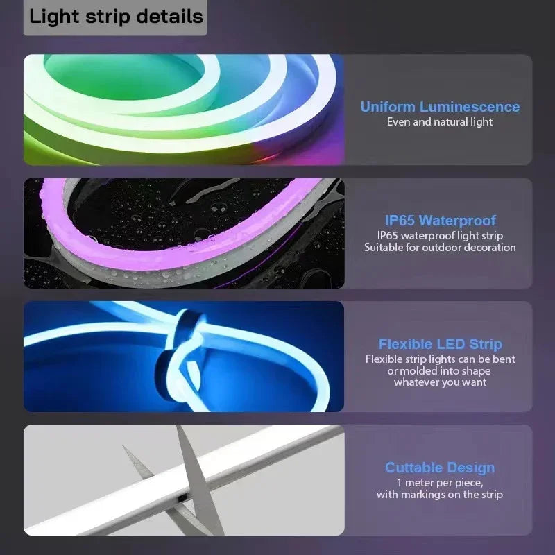 RGB LED Neon Rope Lights Bluetooth App WS2812 RGBIC Waterproof Flexible LED Tape With Dimmable Remote Controller For Wall Decor