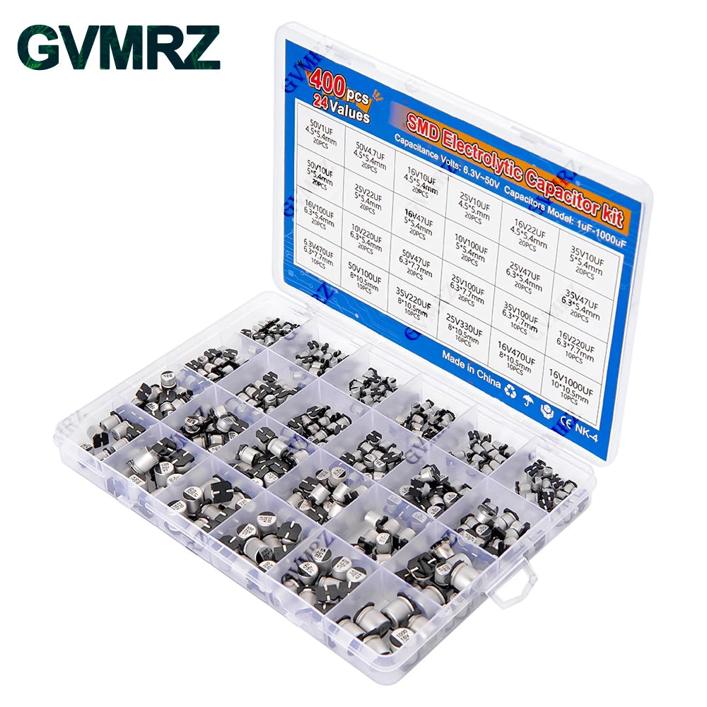 400PCS 24Values SMD Electrolytic Capacitor Kit 1uF-1000uF 6.3V-50V for Electronics Projects