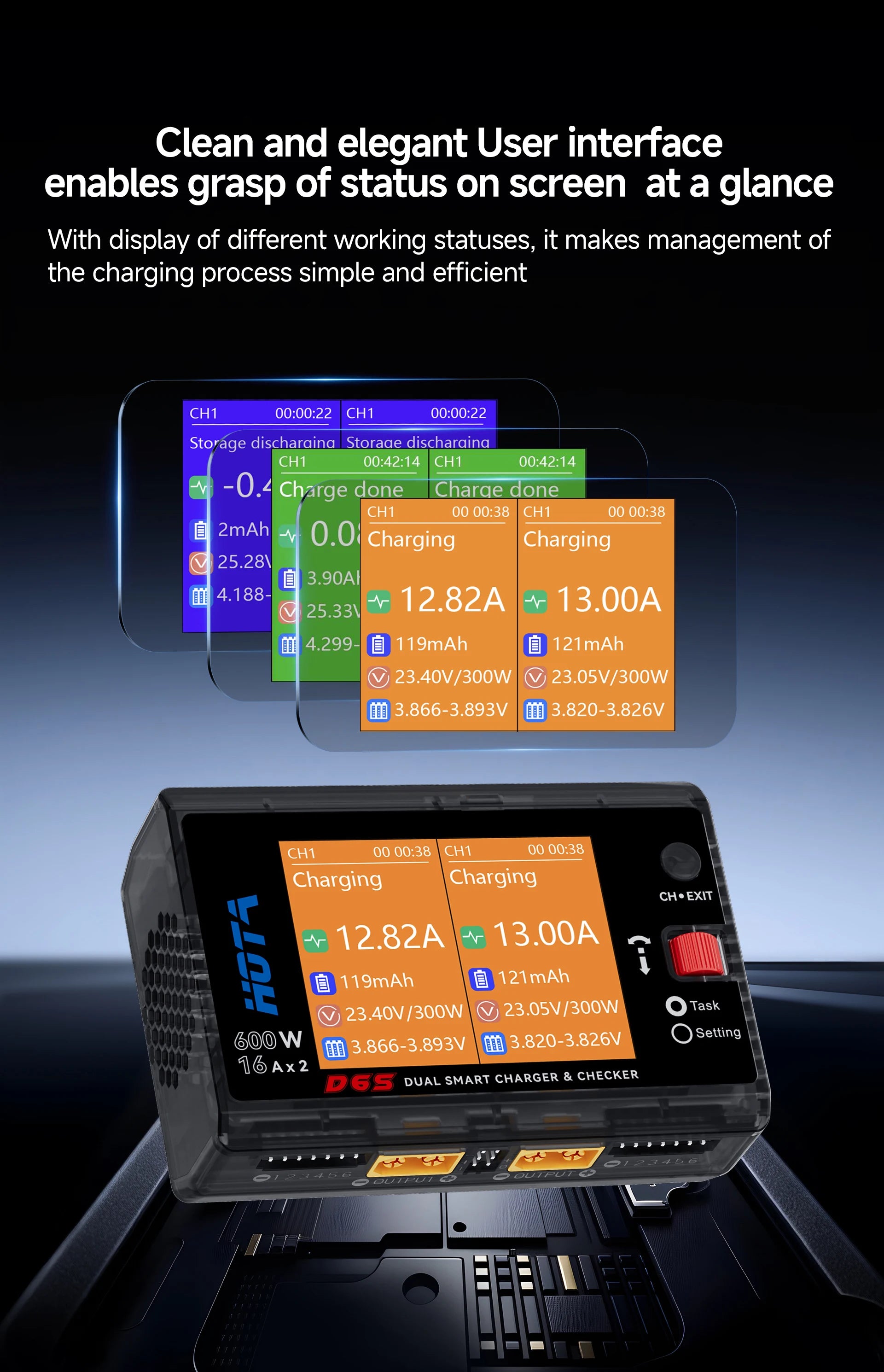 HOTA D6S RC Lipo Battery Charger Magnetic Suction Dual Channel Smart Balance 600W High Power 1-6S Smart Balance Charger