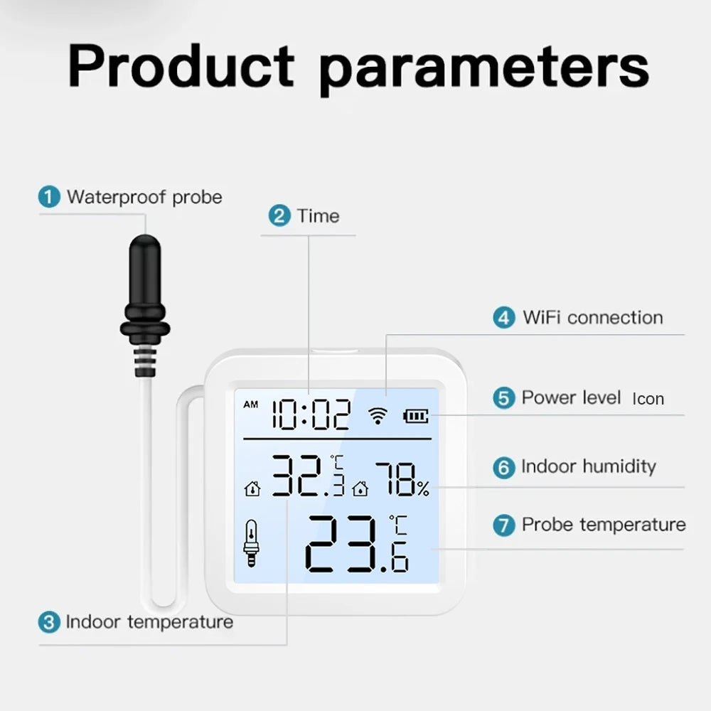 2026 New Tuya WiFi Humidity Temperature Sensor with External Probe Thermometer for Smart Home APP Monitoring for Refrigerator