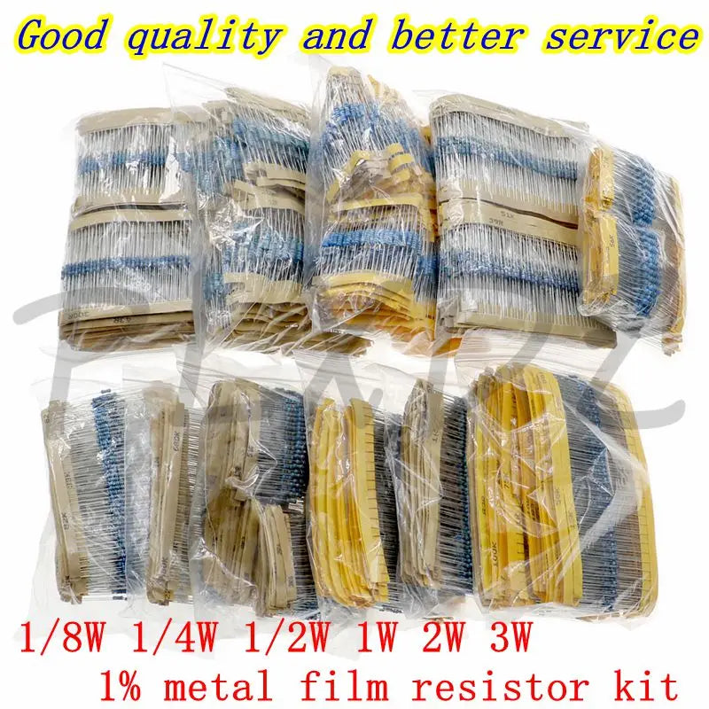 1/8W 1/4W 1/2W 1W 2W 3W Resistance 1% Metal Film Resistor Assortment Kit Set 1 10 100 K ohm  DIY Resistor Pack 0.125W 0.25W 0.5W