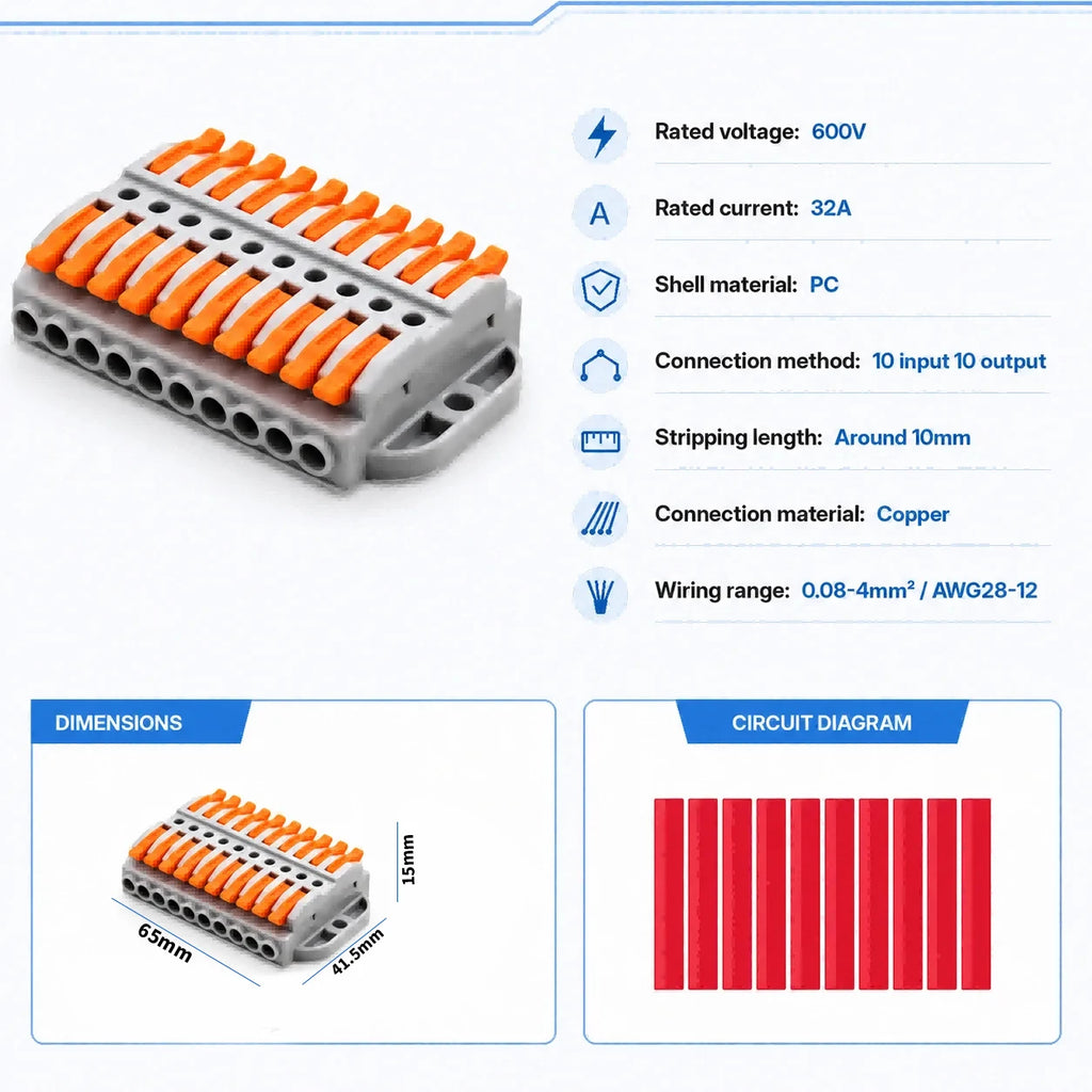 2P-30P Lever Electrical Wire Connector Terminal Block Electrical Cable Connectors Wire Terminals 1 In 1 Out Screw Mount 600V 32A
