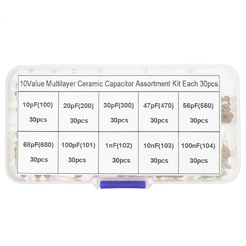 300PCS 10Value 50V 10pf 20pf 30pf 47pf 56pf 68pf 100pf 1nf 10nf 100nf Multilayer Ceramic Capacitor Assortment Kit