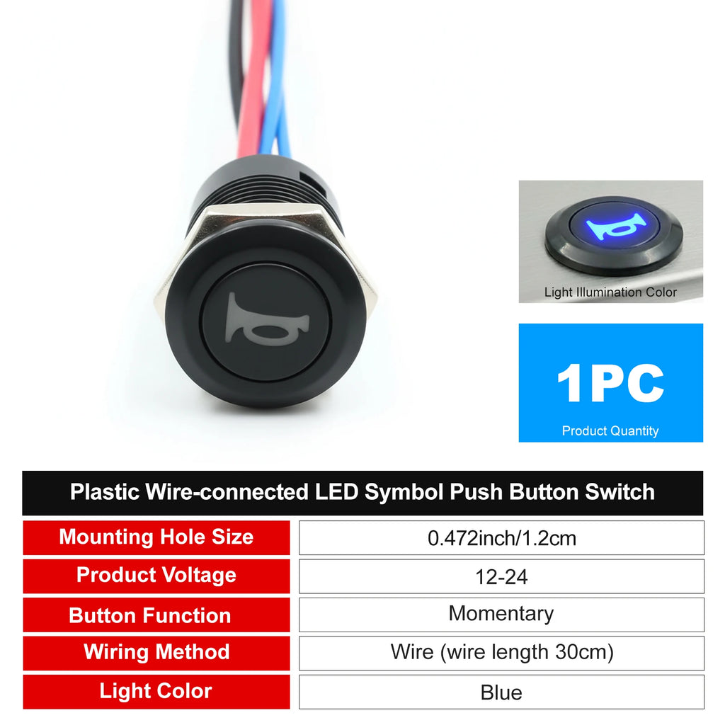 12mm Plastic Push Button Switch IP65 Waterproof 12V 24V Pre-Wired Symbol LED Dash Indicator Switch for Car Marine Boat RV Truck