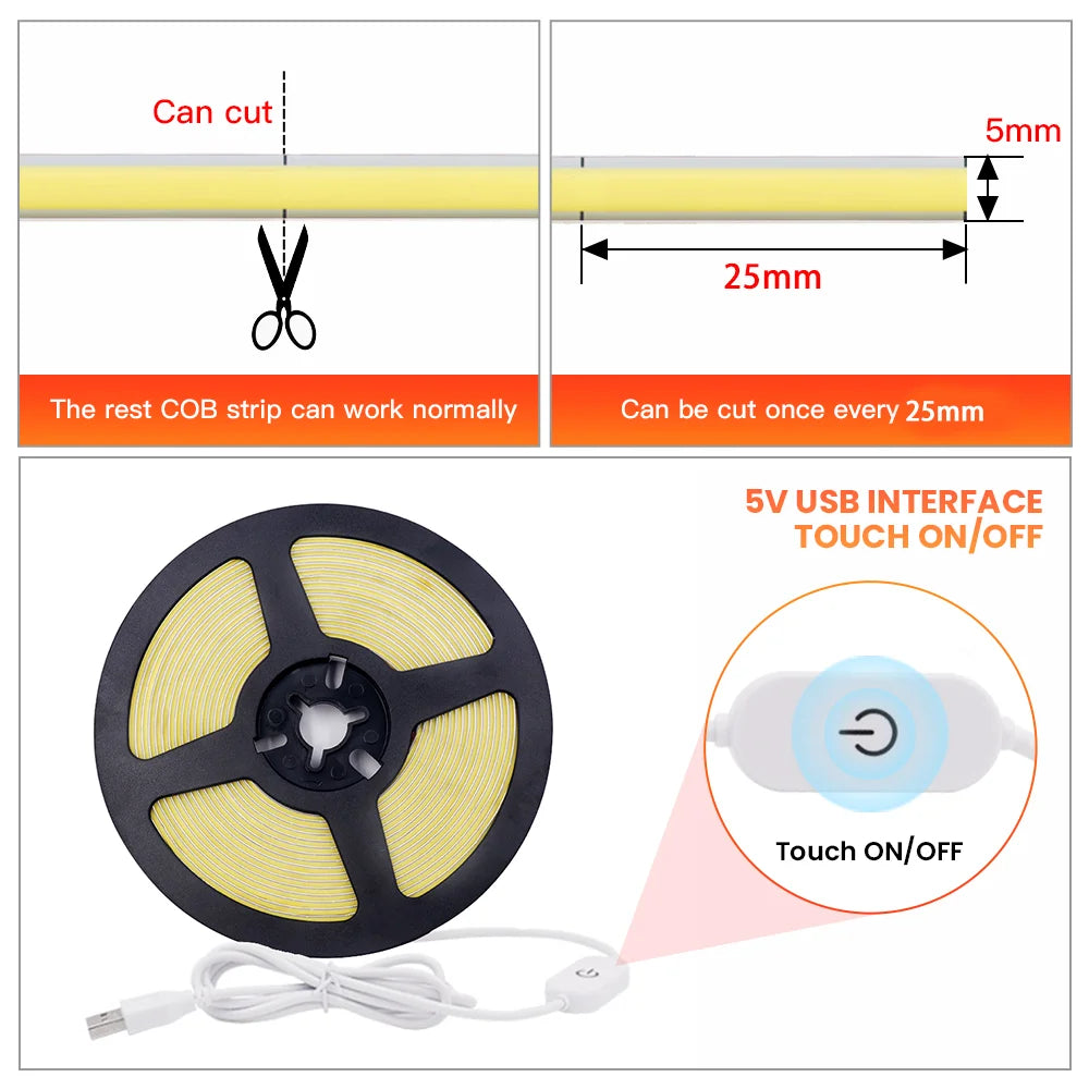 5V USB LED COB Light Strip Touch Dimmer Flexible Diode Tape 5mm 320Leds/m Linear Ribbon Indoor Lighting DIY TV Mirror Backlight