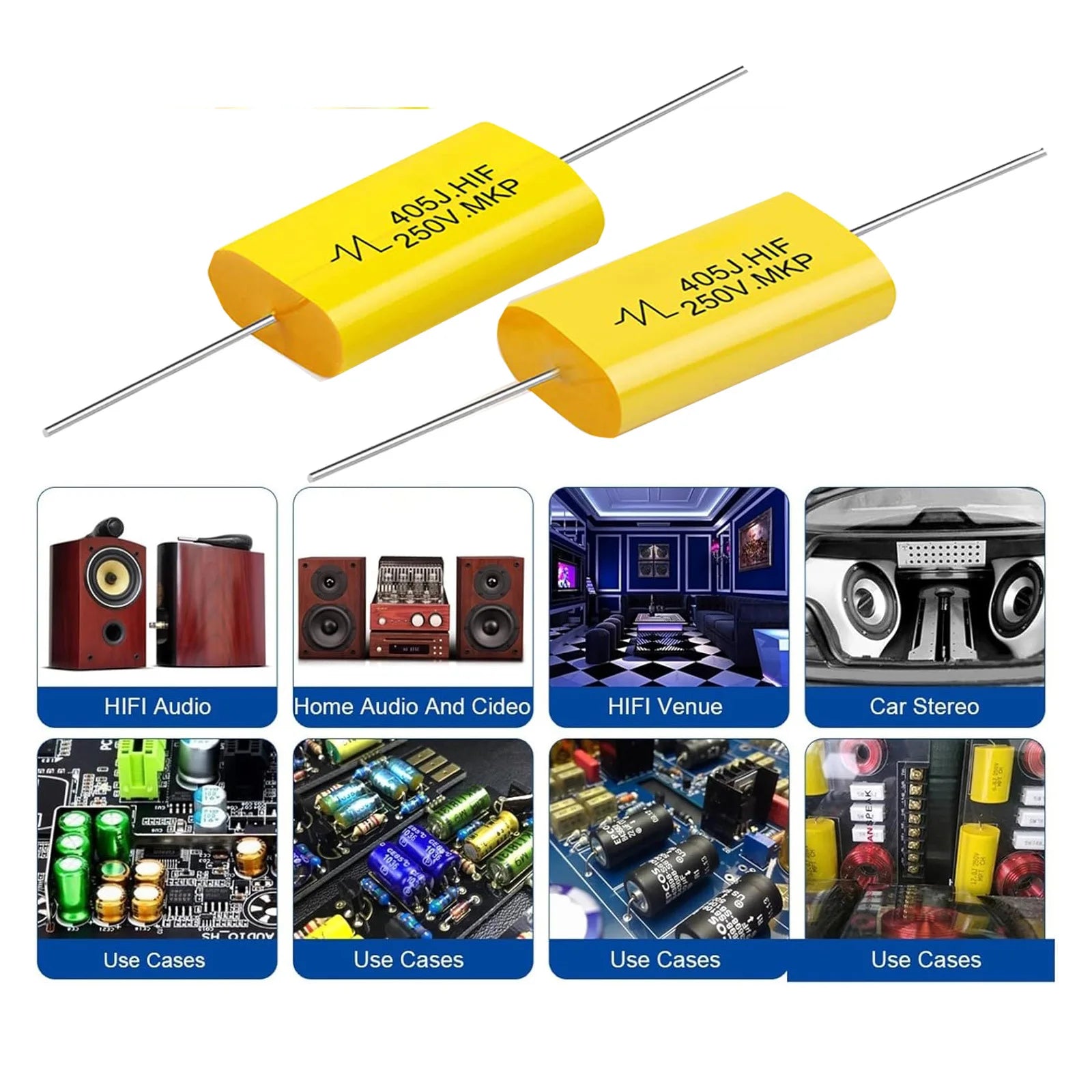 5PCS Film Capacitor Audio 250V DC Round Axial Lead Type Polypropylene Capacitors Yellow Frequency Dividing 1UF 1.5UF 1.8UF 2.2UF