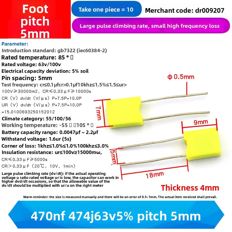 10PCS 100V Correction Capacitor Polypropylene Safety Plastic Film 100V 1nF ~ 470nF 100nf 220nf 10nf 47nf 22nf 1nf 0.47uf 0.1uf
