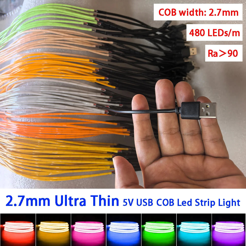 DC 5V USB 2.7mm Super Slim COB LED Strip Light 480LEDs/m White/Pink/Red/Yellow/Ice Blue/Green/Orange Home Decor TV Backlight
