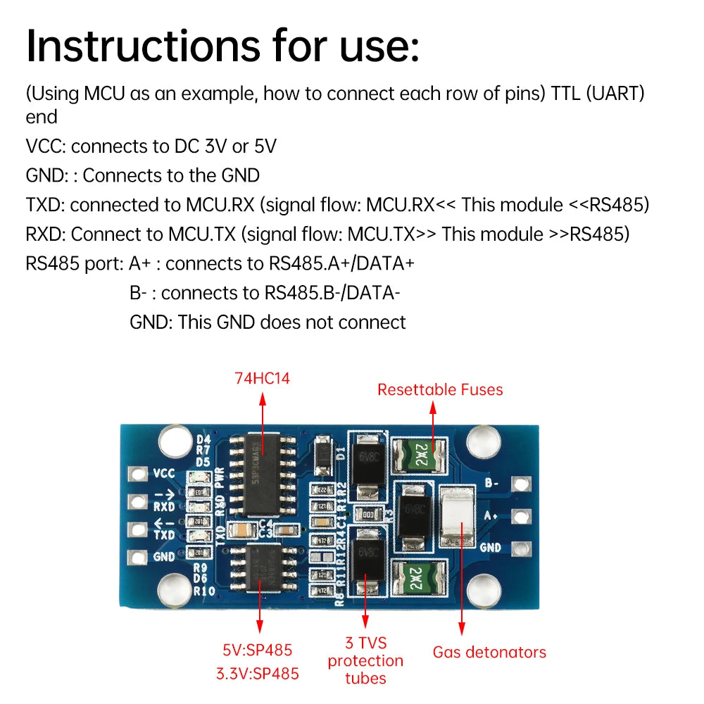 DC3.3V/5V TTL to RS485 Interconversion Module Serial Level Conversion Board Serial Hardware Auto Flow Control 74HC14+SP485 Chip