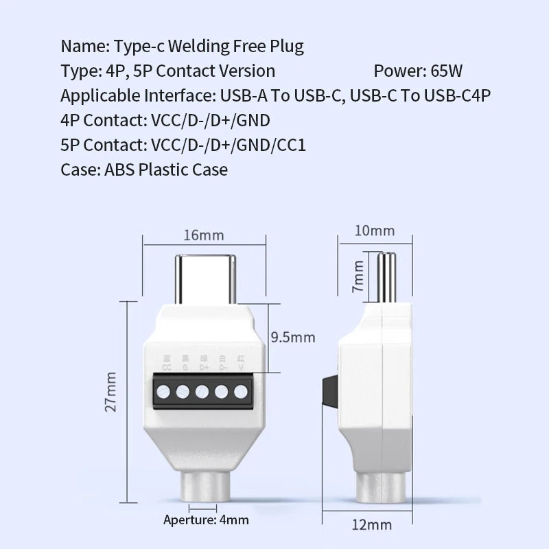 USB Solderless Plug 4Pin 5Pin Connector 66W Super Fast Charging Cable Type C Solderless Small Plug USB C Data Cable Connector