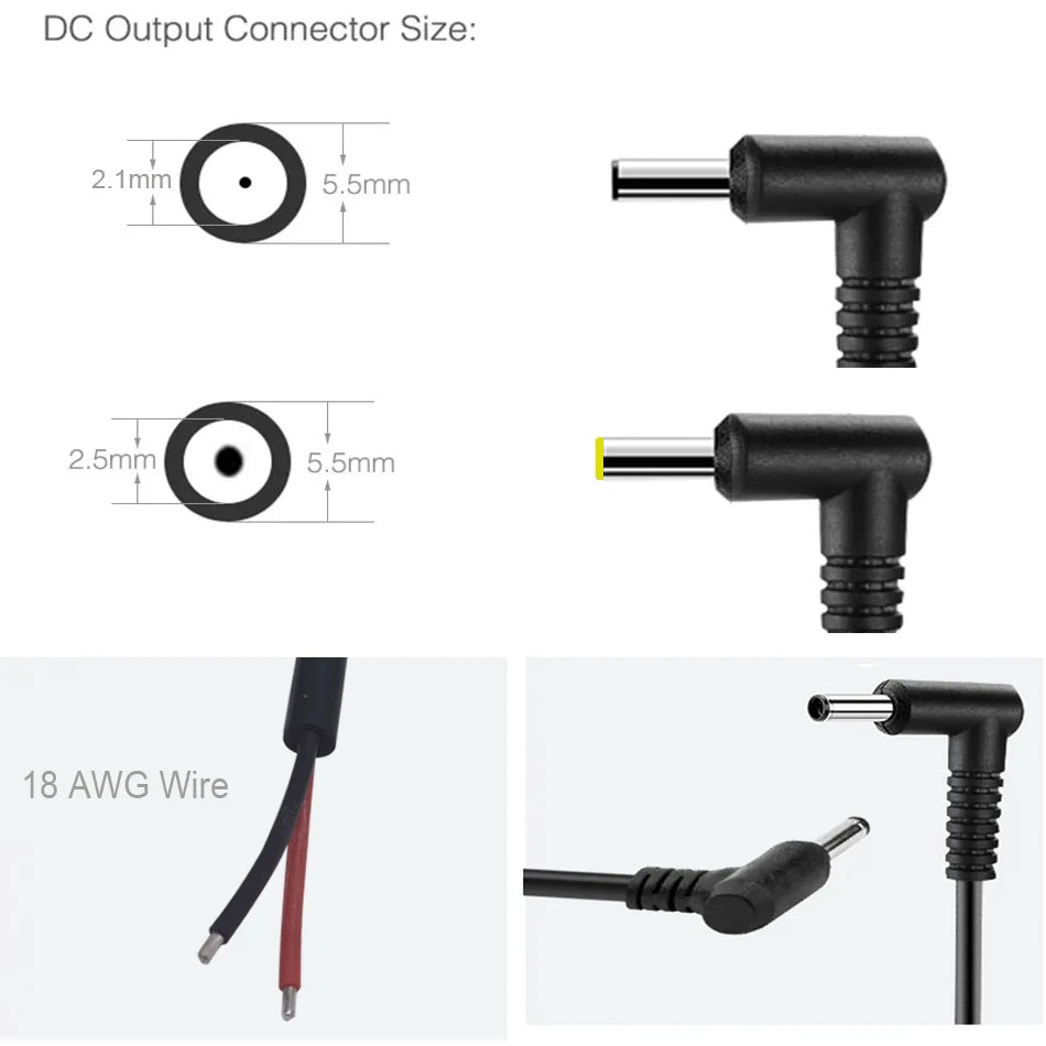 18AWG DC Power Connector 5.5 X 2.1mm / 2.5mm Male To 5.5 2.1/2.5mm Male Plug Cable Right Angled 90 Degree Power Cable 29cm