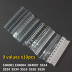 Takefast 90pcs SMD Diode Kit 1N4007 1N4001 1N4004 SS14 SS16 SS24 SS26 SS34 SS36 9 Values X10pcs Rectifier Diodes Schottky