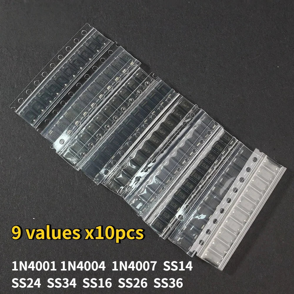 Takefast 90pcs SMD Diode Kit 1N4007 1N4001 1N4004 SS14 SS16 SS24 SS26 SS34 SS36 9 Values X10pcs Rectifier Diodes Schottky