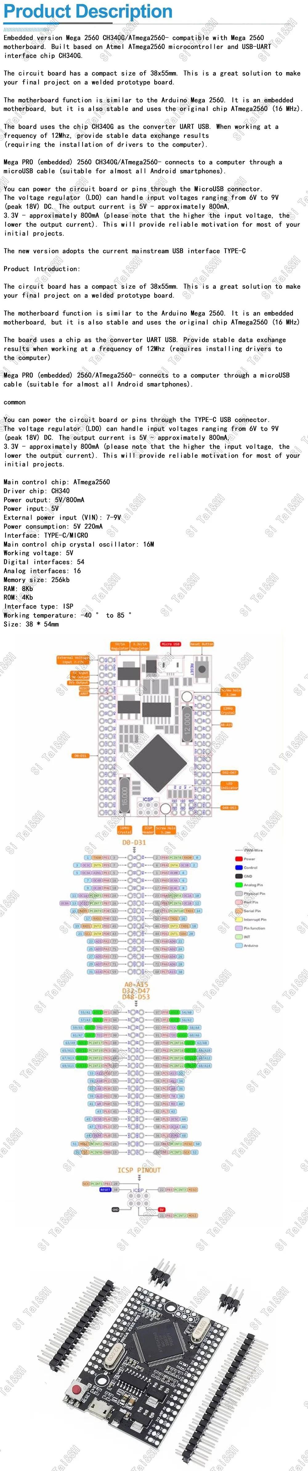 Mega2560 Mega 2560 PRO MINI 5V (Embed) CH340G ATmega2560-16AU MICRO TYPE-C With Male Pinheaders Compatible For Arduino Mega