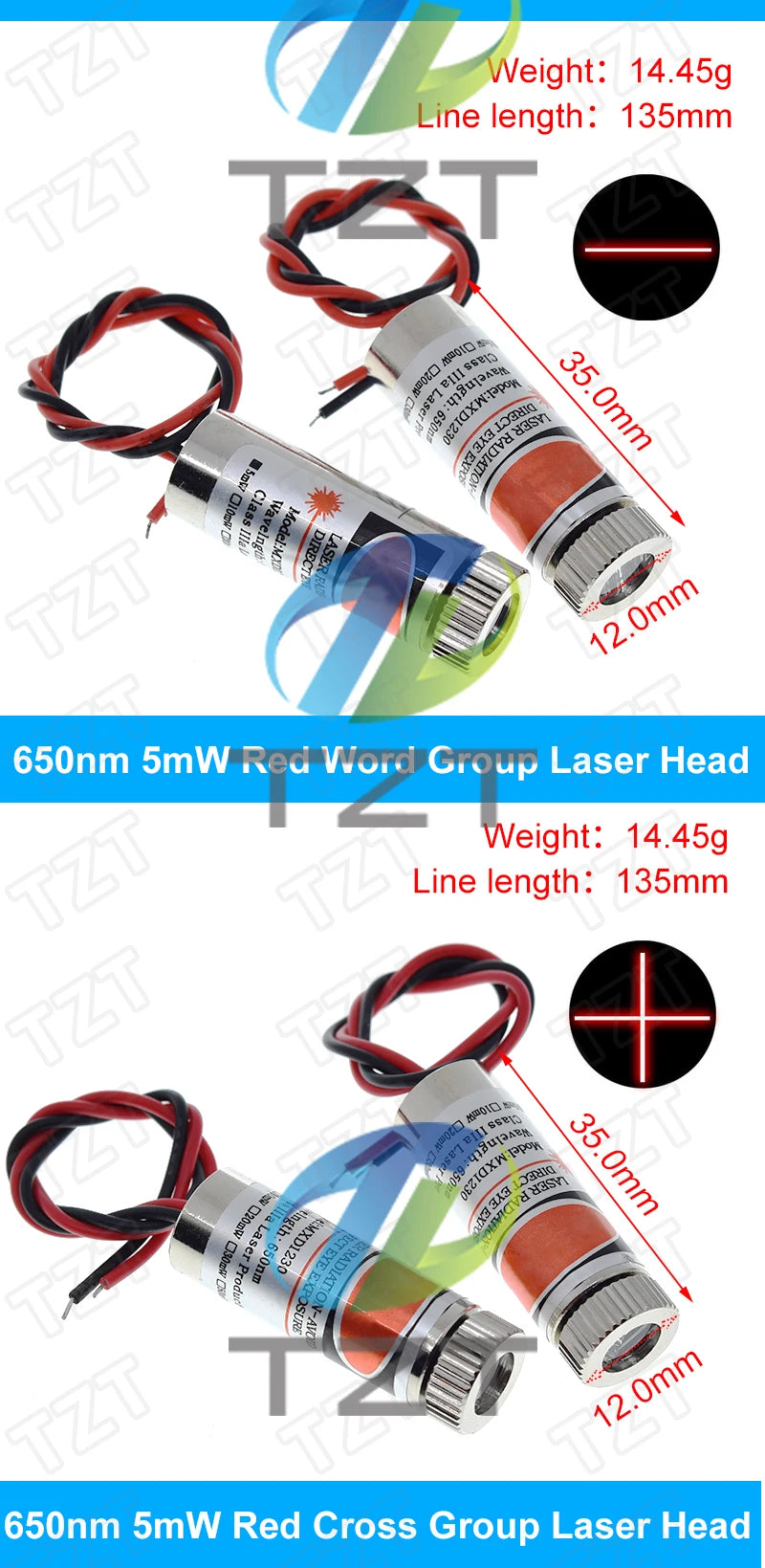 TZT 650nm 5mW 6MM 9MM 12MM Red Point / Line / Cross Laser Module Head Glass Lens Focusable Focus Adjustable Laser Head