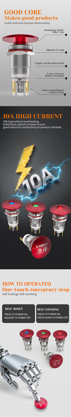 LB12E-M Mini Emergency Stop Button with LED Light Elevator Machine Tool Safety STOP Switch Self-locking / Momentary Selectable