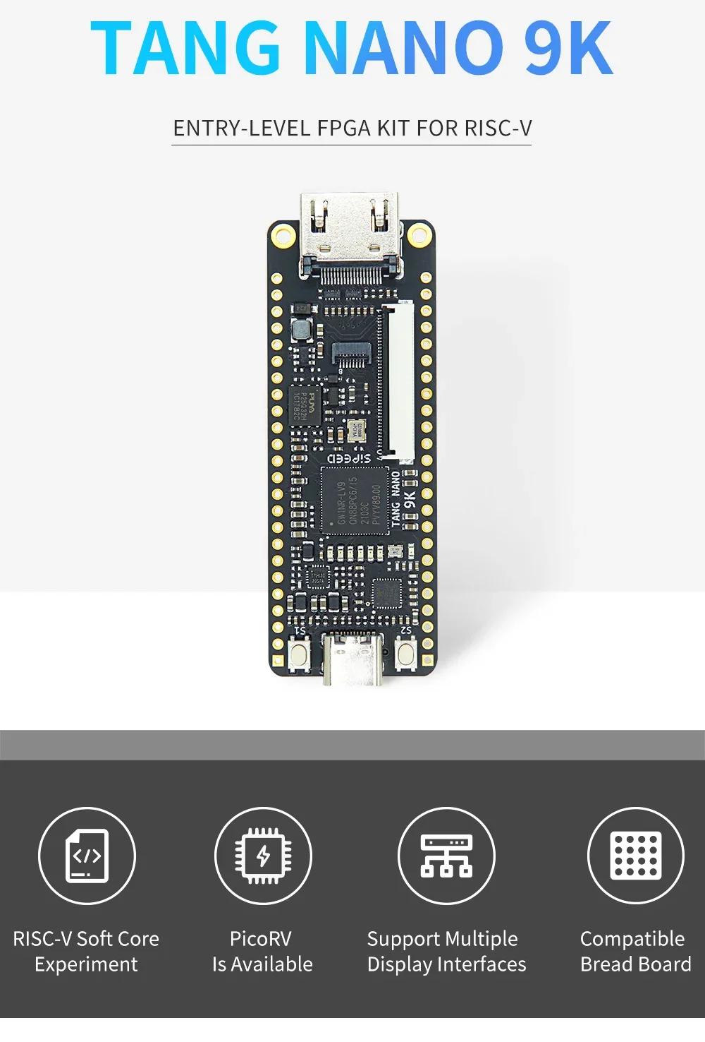 Sipeed Tang Nano 9K Gowin's GW1NR-9 FPGA Chip Development Board Onboard 6 Programmable LEDs HDMI Type-C Data Cable