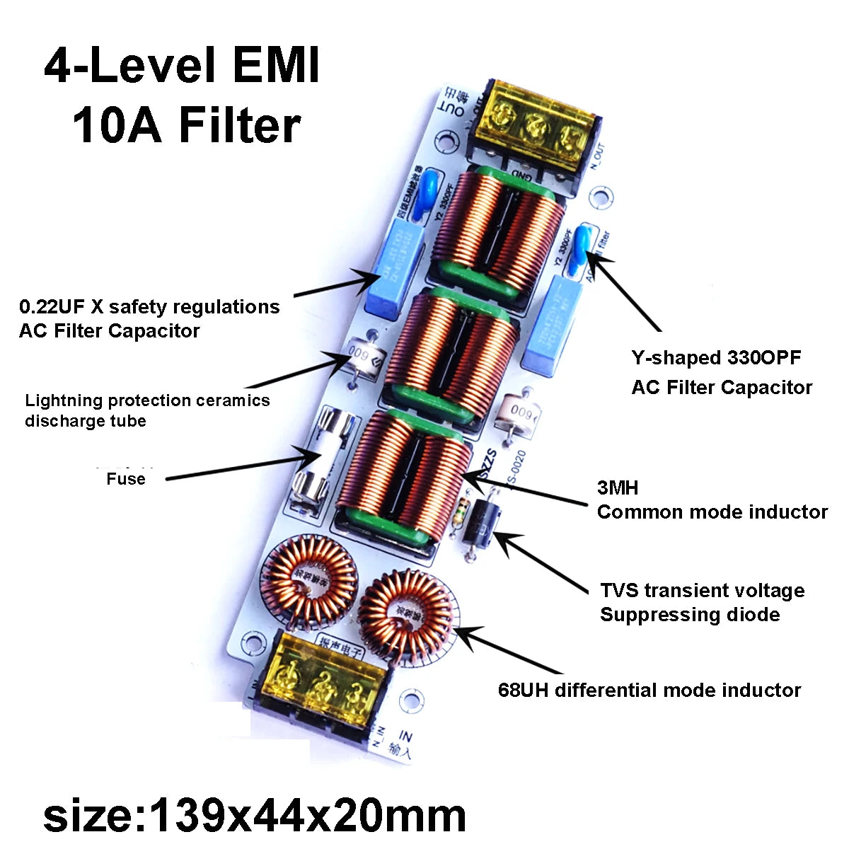 6A 10A AC EMI Filter 4-Stage Electromagnetic Interference Suppressor Power EMC Audio Amplifier Purifier Current Sound 110V 220V