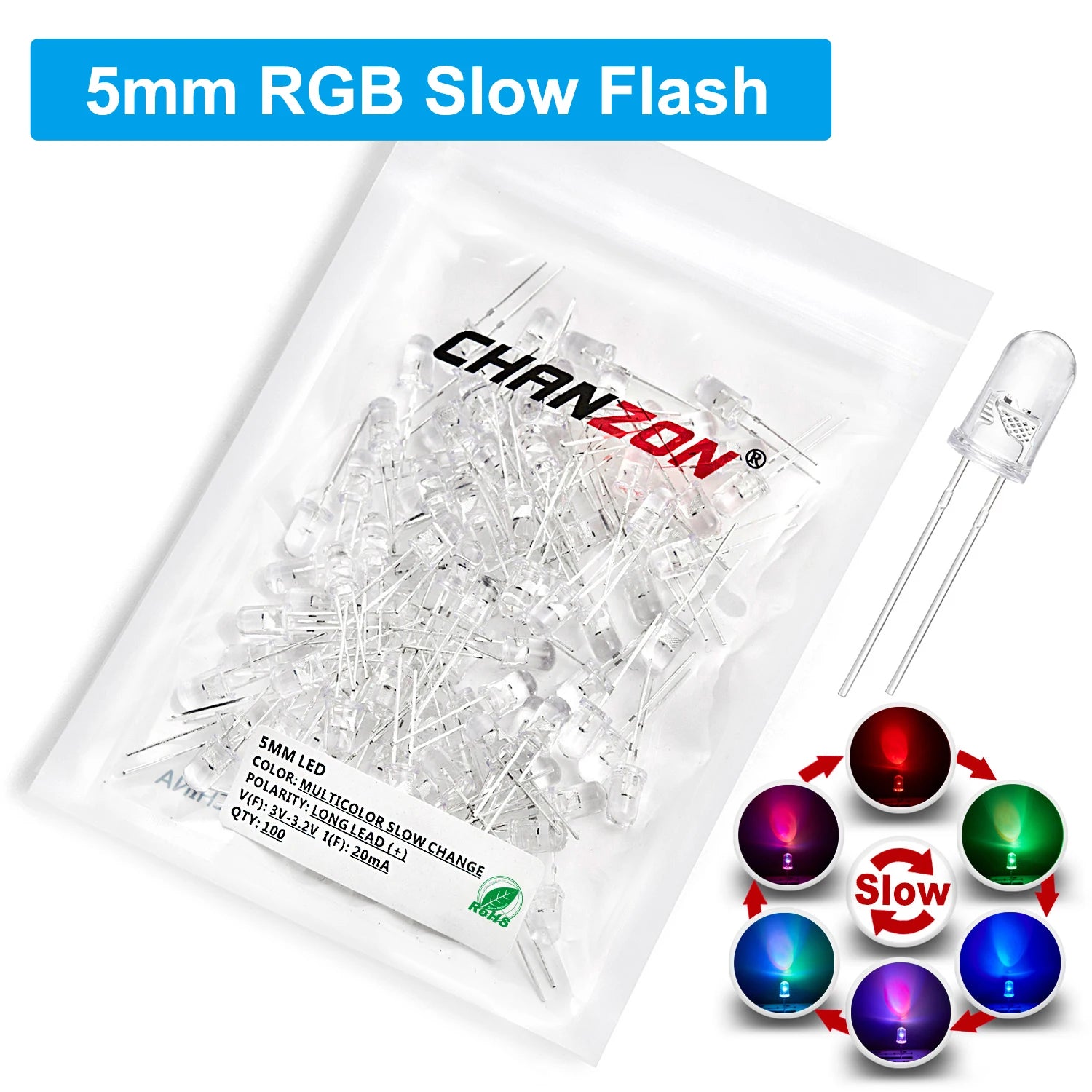 100Pcs 3mm 5mm Led Diode Flashing White Red Green Blue Yellow RGB Fast Slow Flash Diffused Clear Color Changing Light Emitting