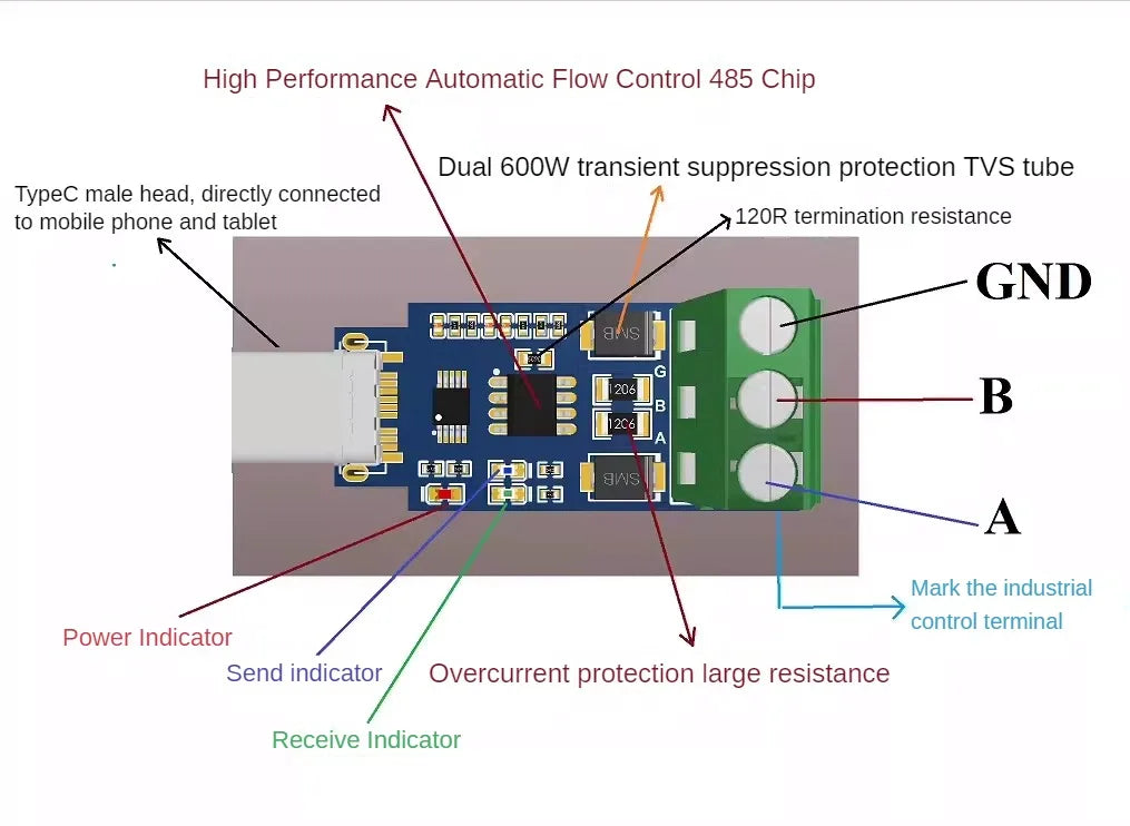 Type-C To RS485 Conversion Module For Android Serial OTG USB Type C To 3PIN 485 Converter Modules 600W Protection