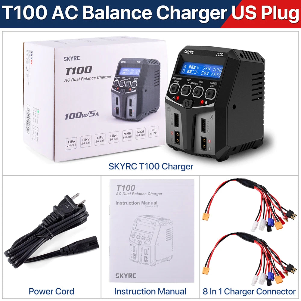 SKYRC T100 AC Lipo Battery Balance Charger Dual 5A 2X50W for 2-4S NiMH / NiCd / LiPo / LiFe / Lilon / LiHV  RC Car Charger