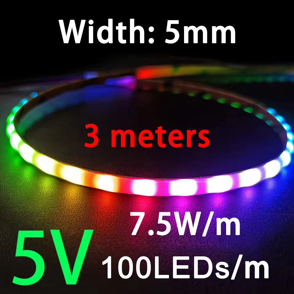 WS2812B COB LED Strip Lights DC5V 5mm Full Color SPI RGB-IC 100/160LEDs Individually Addressable Smart Pixels Tape Light