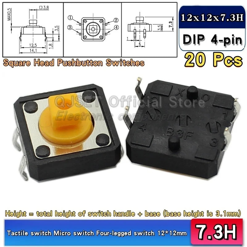 20 Pcs Tactile Pushbutton Switch 12*12*7.3MM Micro Switch Pushbutton A14 A24 Pushbutton Cover 12x12x7.3MM Square Head Pushbutton