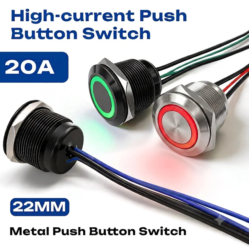 FILN 22mm 20A Waterproof Metal Push Button Switch Ring LED Lighted Pre-Wired High Current Power Switch Lamp for Car Boat Marine
