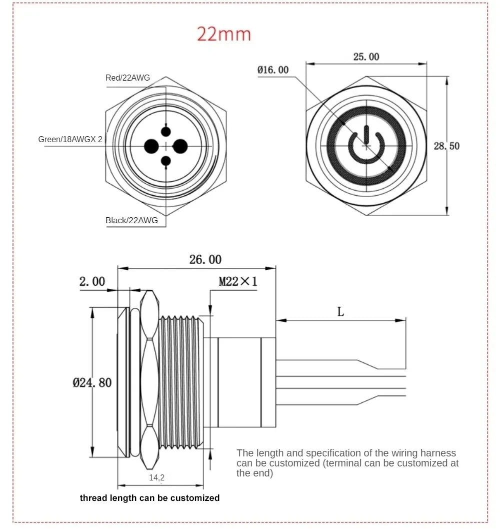 16/19/22mm IP67 Waterproof Metal Push Button Switch 10A High Current LED Light Momentary Latching Outdoor Power Switch Red Green