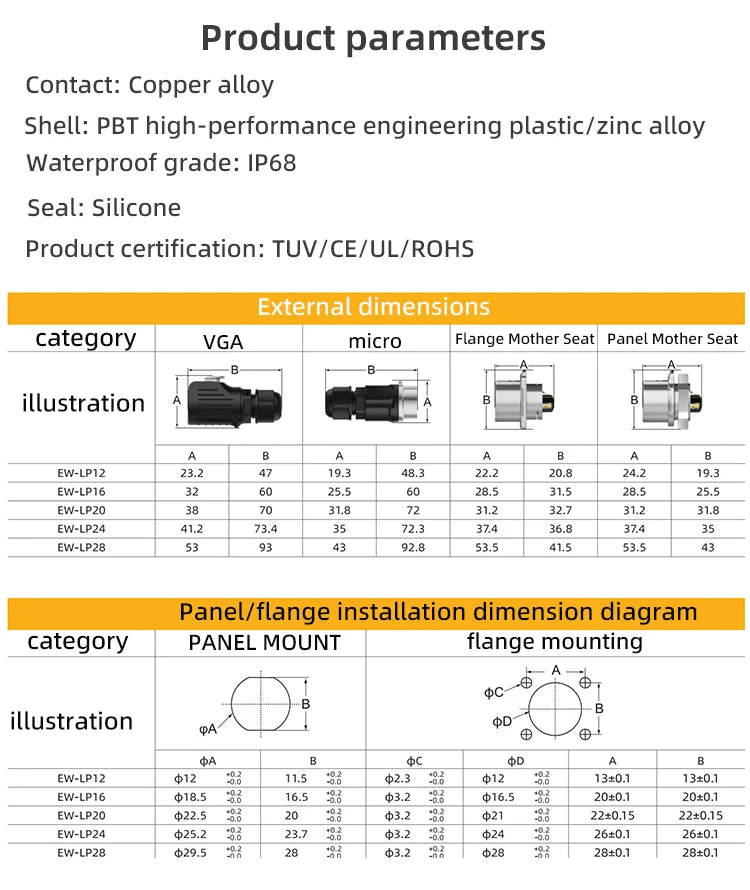 IP68 Power Waterproof Connector Panel Installation, Aviation Plug Socket Cable, Male and Female Heads, No Welding Required