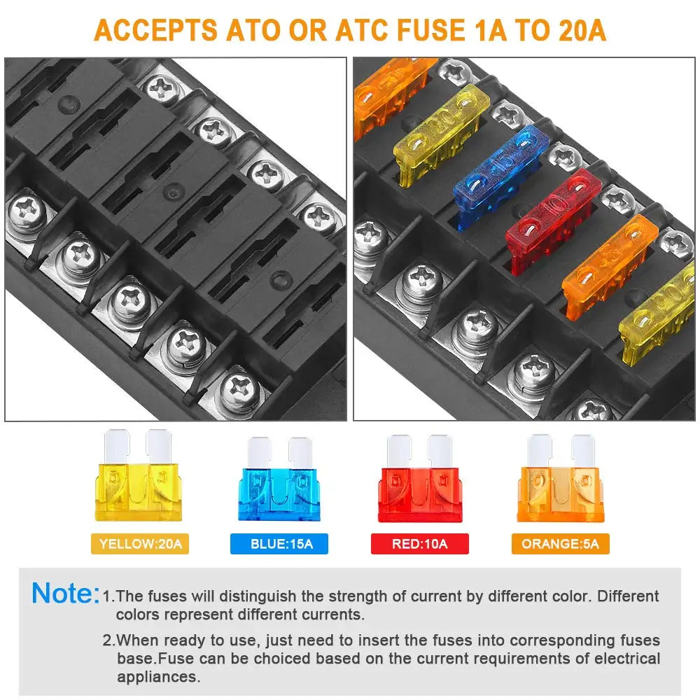 6 Ways Blade Fuse Block With Cover 6 Circuit Fuse Holder Fuse Block w/Negative Bus12-24V Car Boat Fuse Box Holder