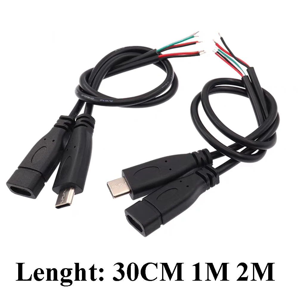 1/3/5Pcs 2 Wire 4 Wire  Type C USB Male Female Power Supply Cable Welding Connector USB-C Cable Extension DIY Repair 0.3M 1M 2M