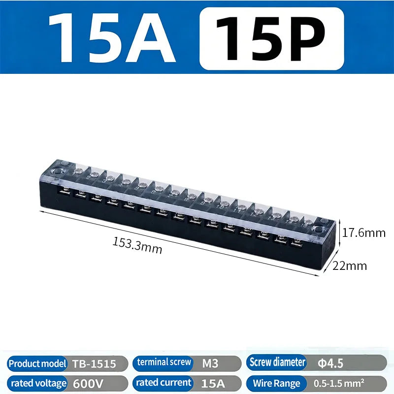 Dual Row Strip Screw Terminal Block TB1503-TB151 15A  Fixed Wiring Board Wire Connector for Electronic Components