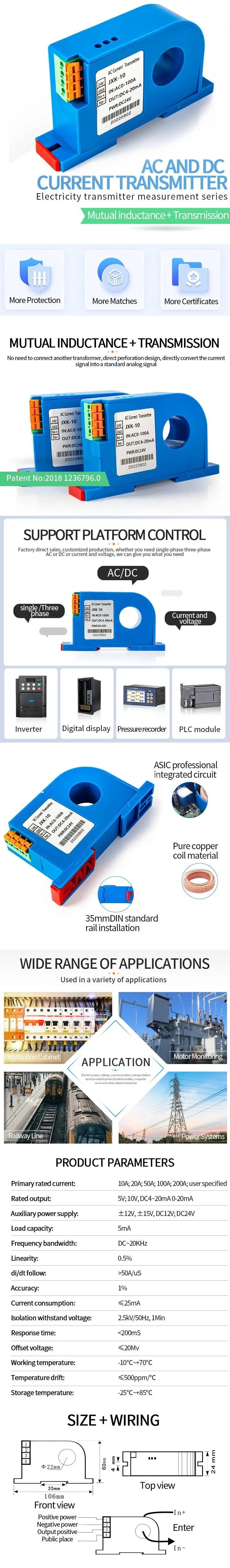 DC/AC Current Transmitter 4-20mA 0-10V RS485 Current Converter Transmitter 10A 20A 50A 100A DC Current Transducer