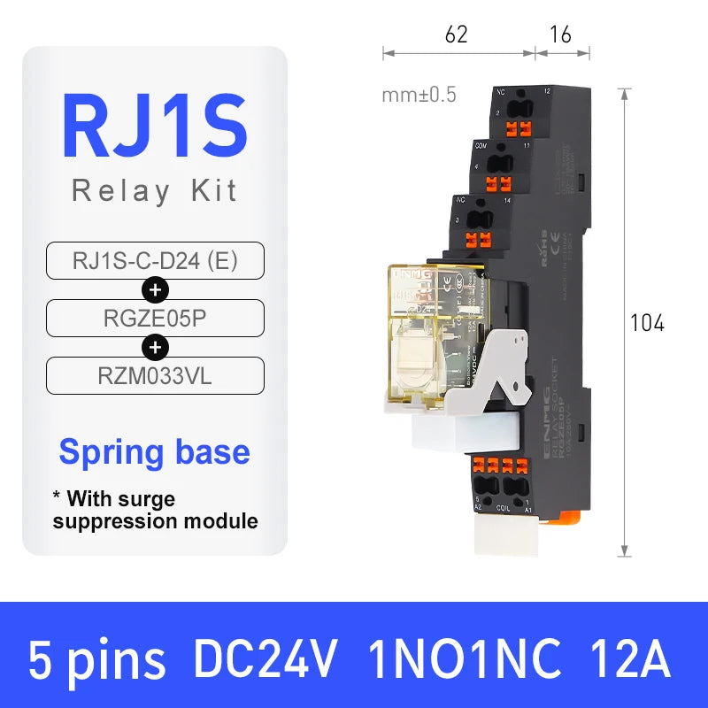 Thin-Flat Intermediate Relay 1NO1NC/2NO2NC 8A 24VDC | Compatible with  RJ1S-CL-D24 & RJ2S-CL-D24 | DIN Rail Relay for Contro