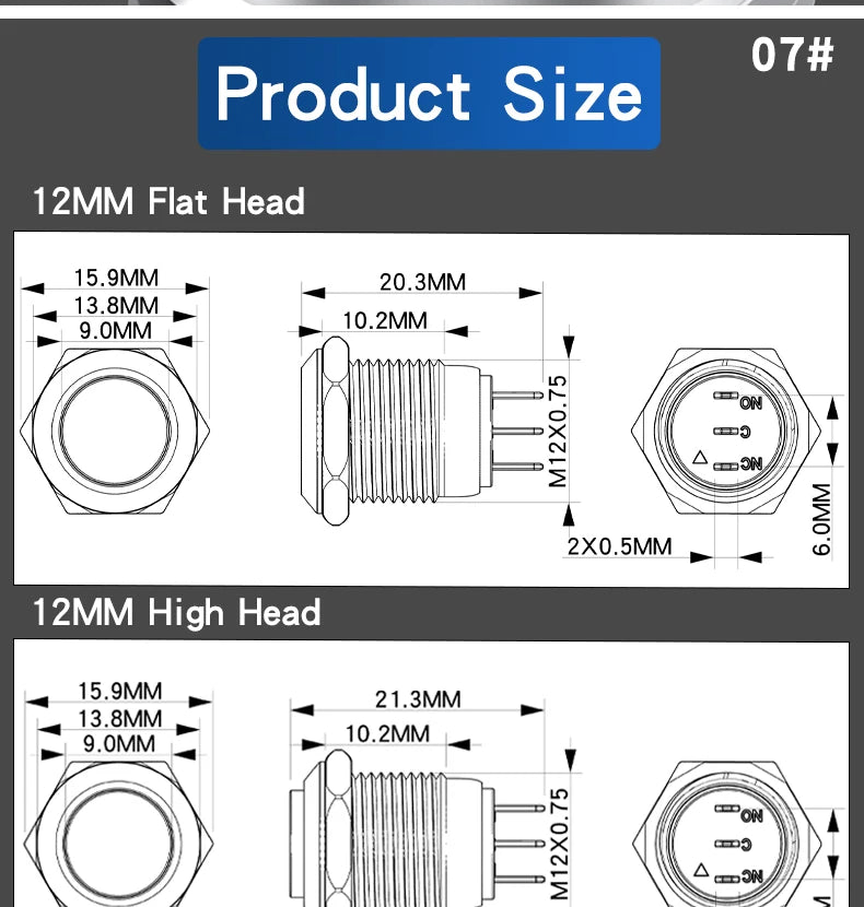 Metal Push Button Switch 12MM 3Pins 1NO1NC No Light waterproof Flat/High Head Momentary Latching Welding Foot Switch