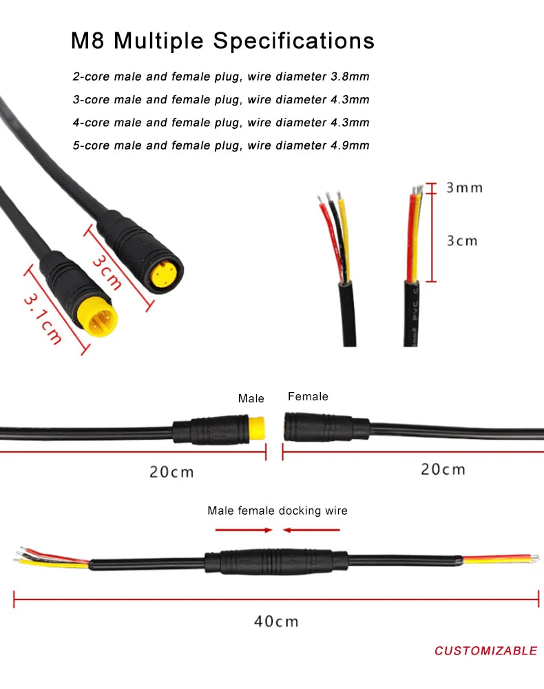 5 Set M6 M8 2 3 4 5 6 Pin Julet Electric Butt Plug Connector Wiring Line Scooter Brake Cable Pluger Signal Sensor 20CM