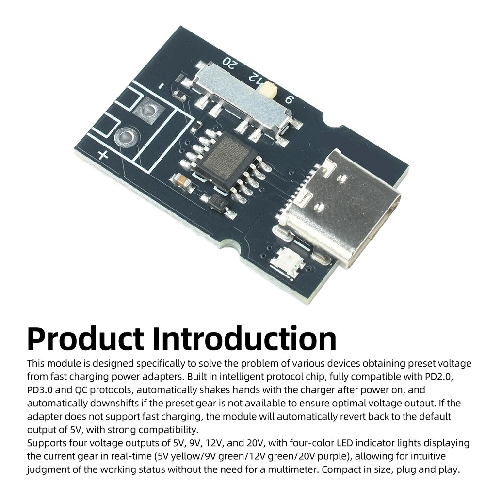PD QC Protocol Fast Charging Decoy Module 5V 9V 12V 20V Adjustable with Indicator Light Type-C Trigger Module for DIY Electronic
