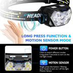 9 Led Strong Light Headlamp USB Rechageable Motion Sensor Headlight Portable Fishing Camping Outdoor Head Lamp 1200mah